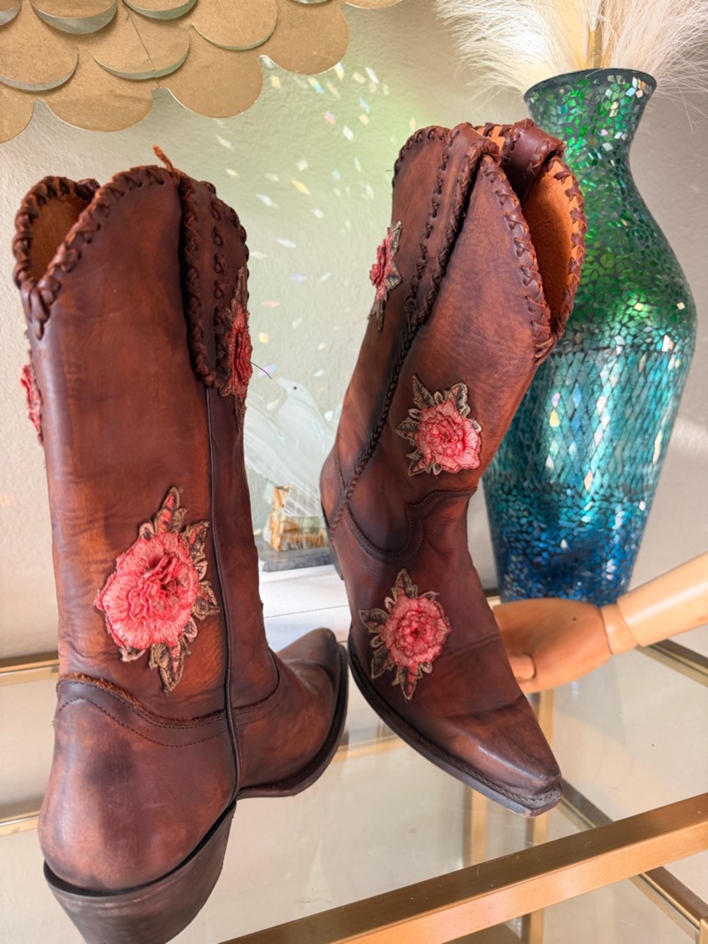 Shyanne Women's Brown Leather Lace-Up Western Boots with Pink Floral Embroidery - Picture 5 of 9